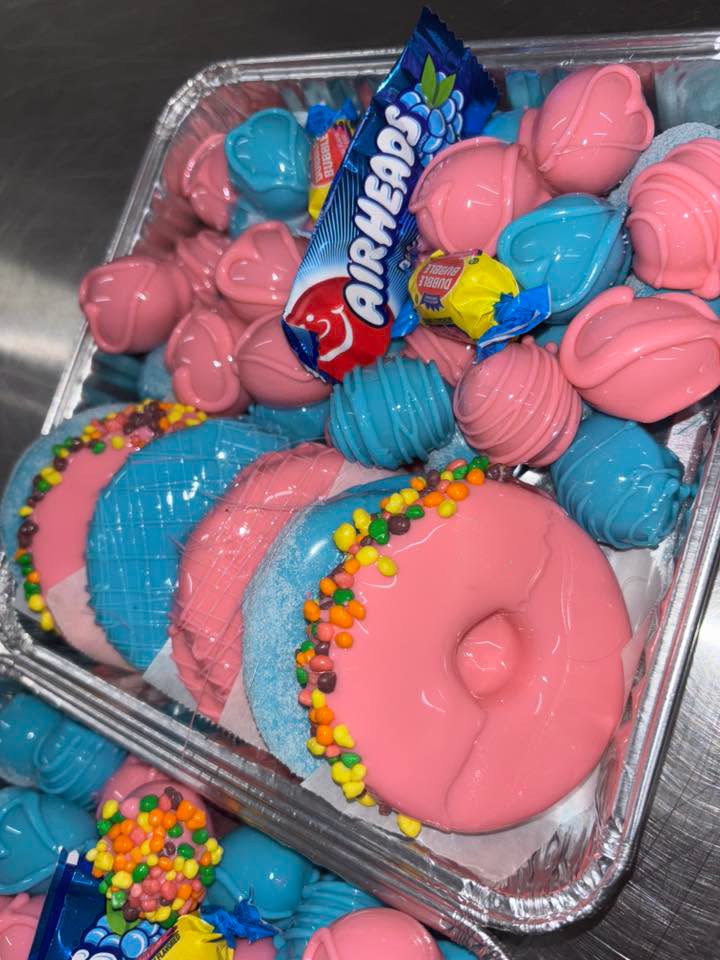 Blue and pink candy fruit platter
