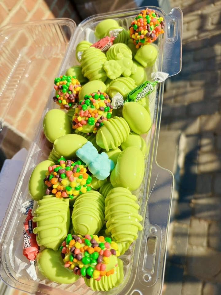 Festive candy-coated fruit boat spread